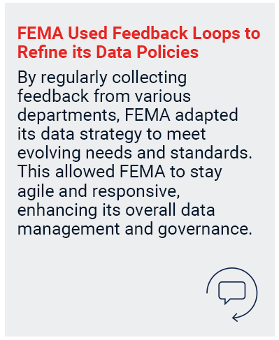 By regularly collecting feedback from various departments, FEMA adapted its data strategy to meet evolving needs and standards. This allowed FEMA to stay agile and responsive, enhancing its overall data management and governance.